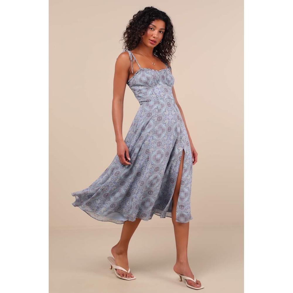 NWT Lulus Winnie Light Blue Paisley Tie-Strap Midi Dress Large